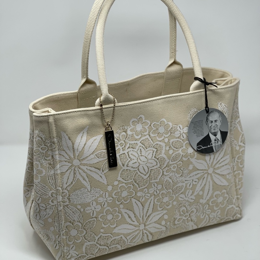OSCAR DE LA RENTA NATURAL COATED CANVAS TOTE HANDBAG